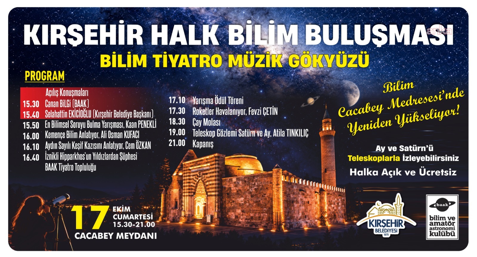 Kırşehir’de "Halk-Bilim Buluşması": Ay ve Satürn teleskopla gözlemlenecek