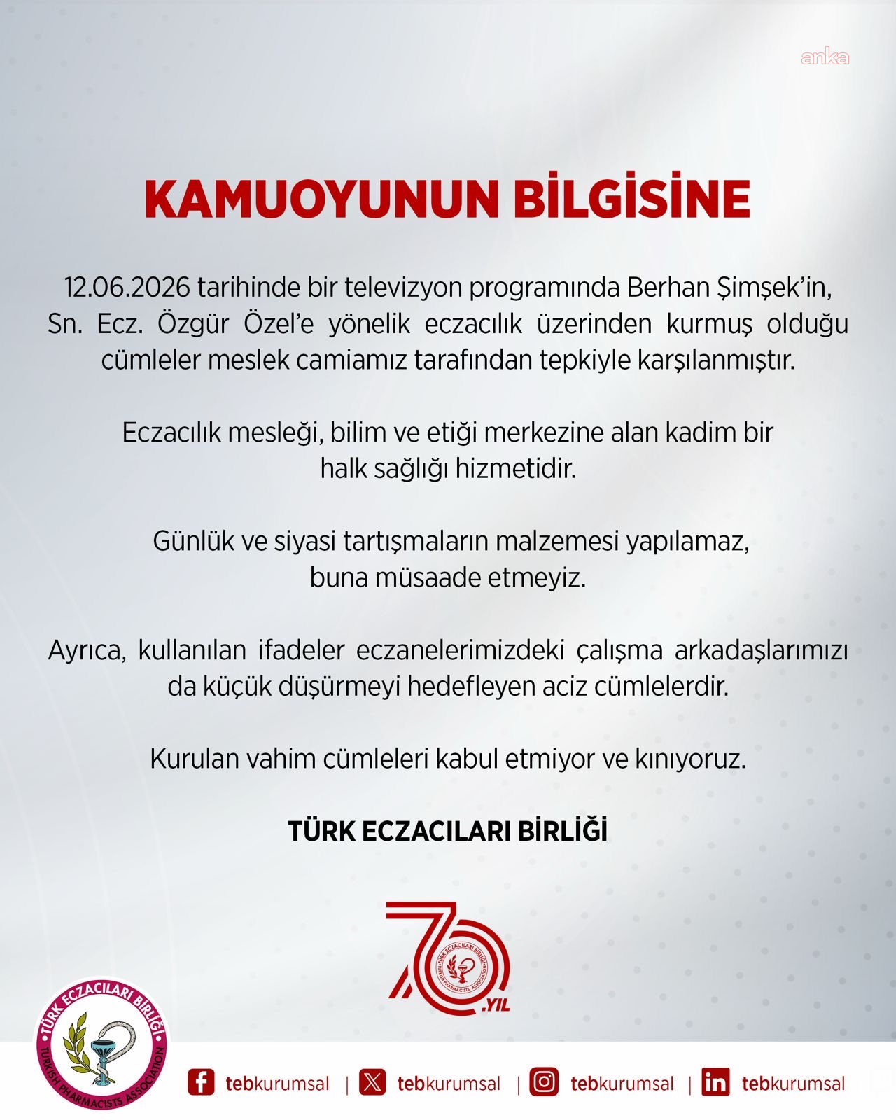 Türk Eczacılar Birliği’nden Berhan Şimşek’e kınama