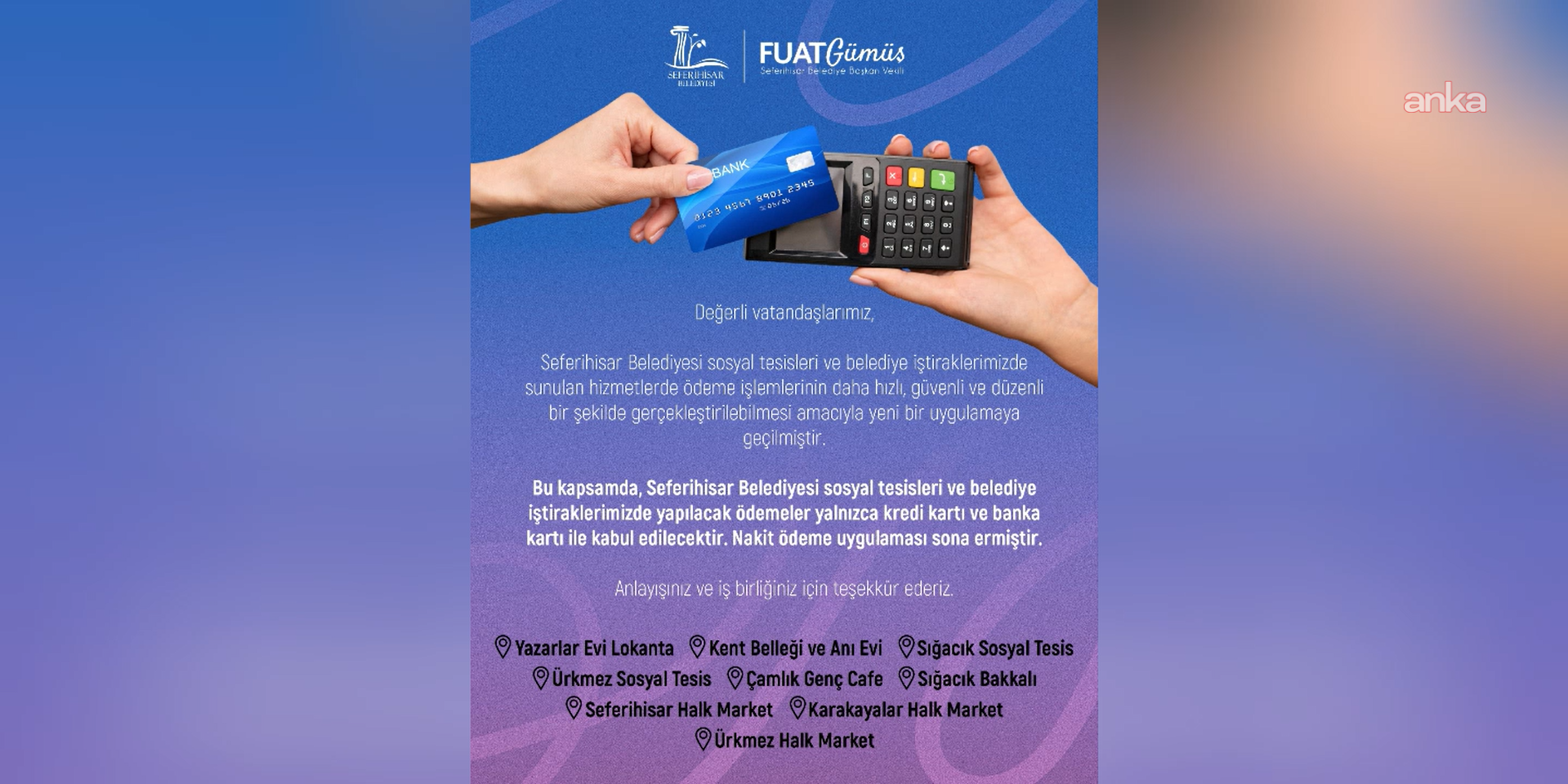 Seferihisar Belediyesi'nin sosyal tesislerinde ve iştiraklerinde dijital ödeme dönemi