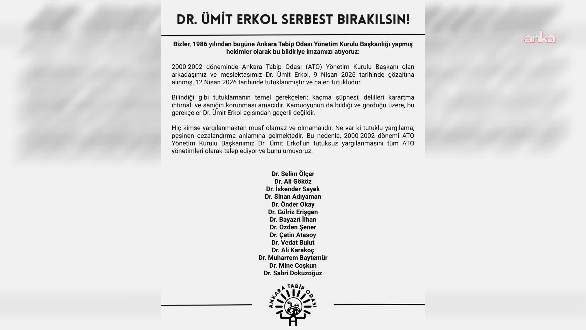 Ankara Tabip Odası eski başkanlarından ortak açıklama: Dr. Ümit Erkol serbest bırakılsın