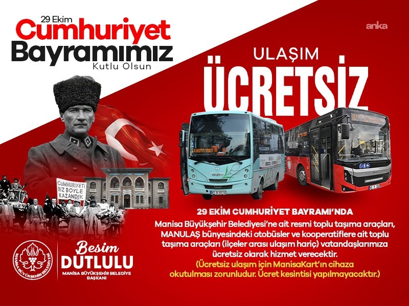Manisa’da 29 Ekim’de toplu ulaşım ücretsiz olacak