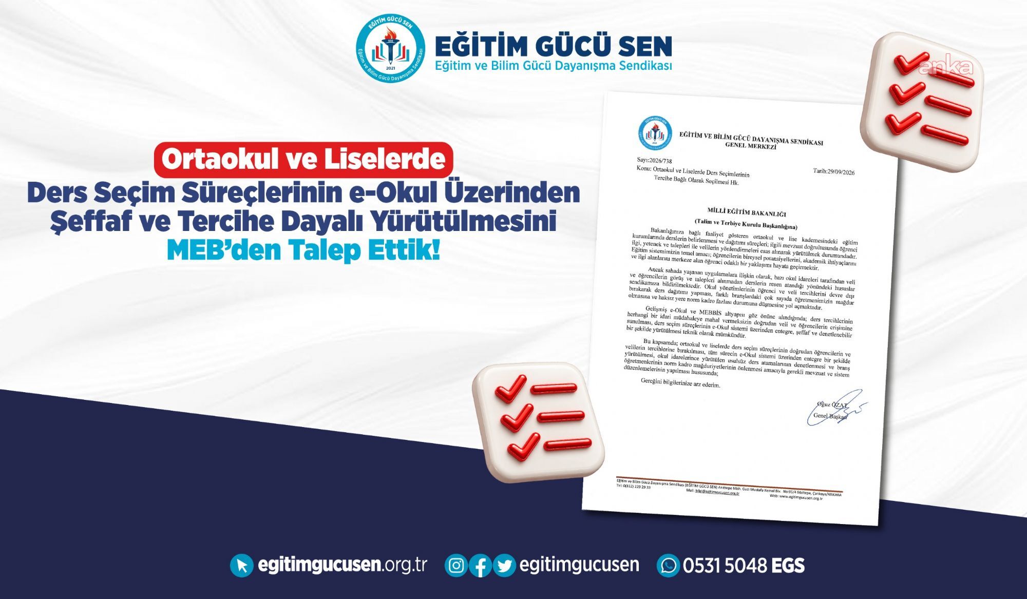 Eğitim Gücü Sen'den MEB'e ders seçimi başvurusu