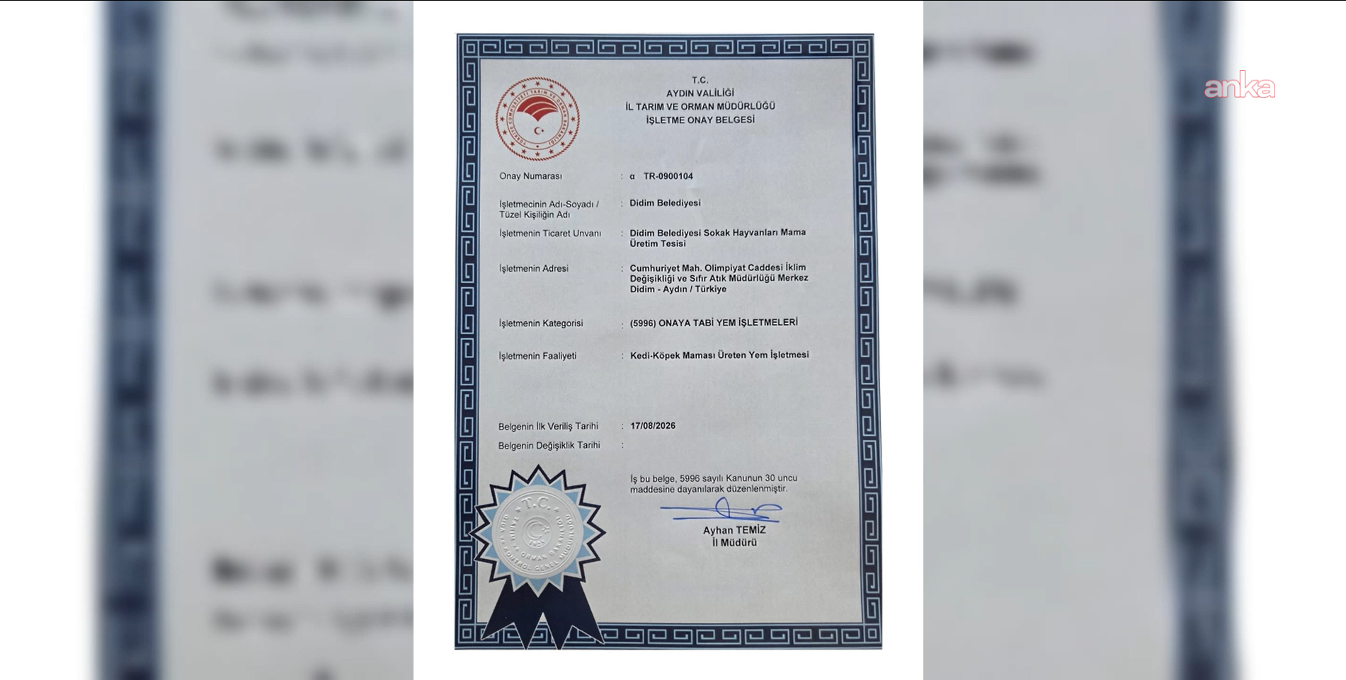 Didim Belediyesi Sokak Hayvanları Mama Üretim Tesisi'ne "İşletme Onay Belgesi" verildi