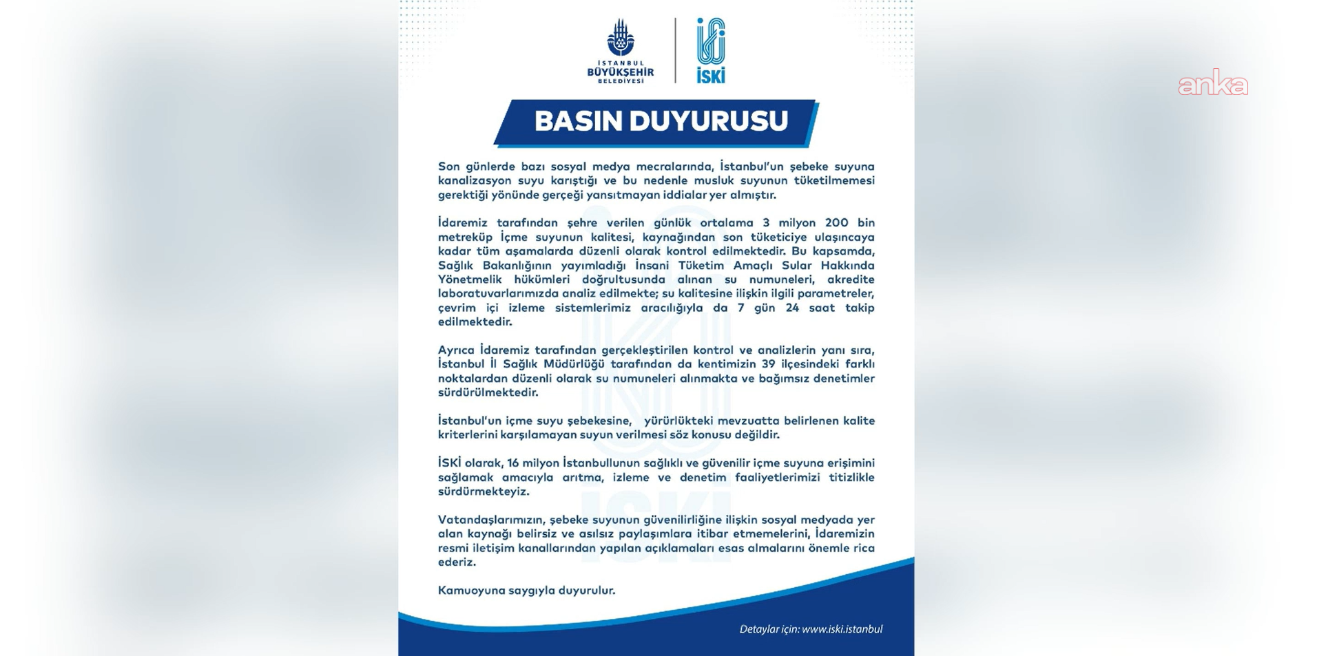 İSKİ: "'İstanbul’un şebeke suyuna kanalizasyon suyu karıştı' iddiaları gerçeği yansıtmıyor"