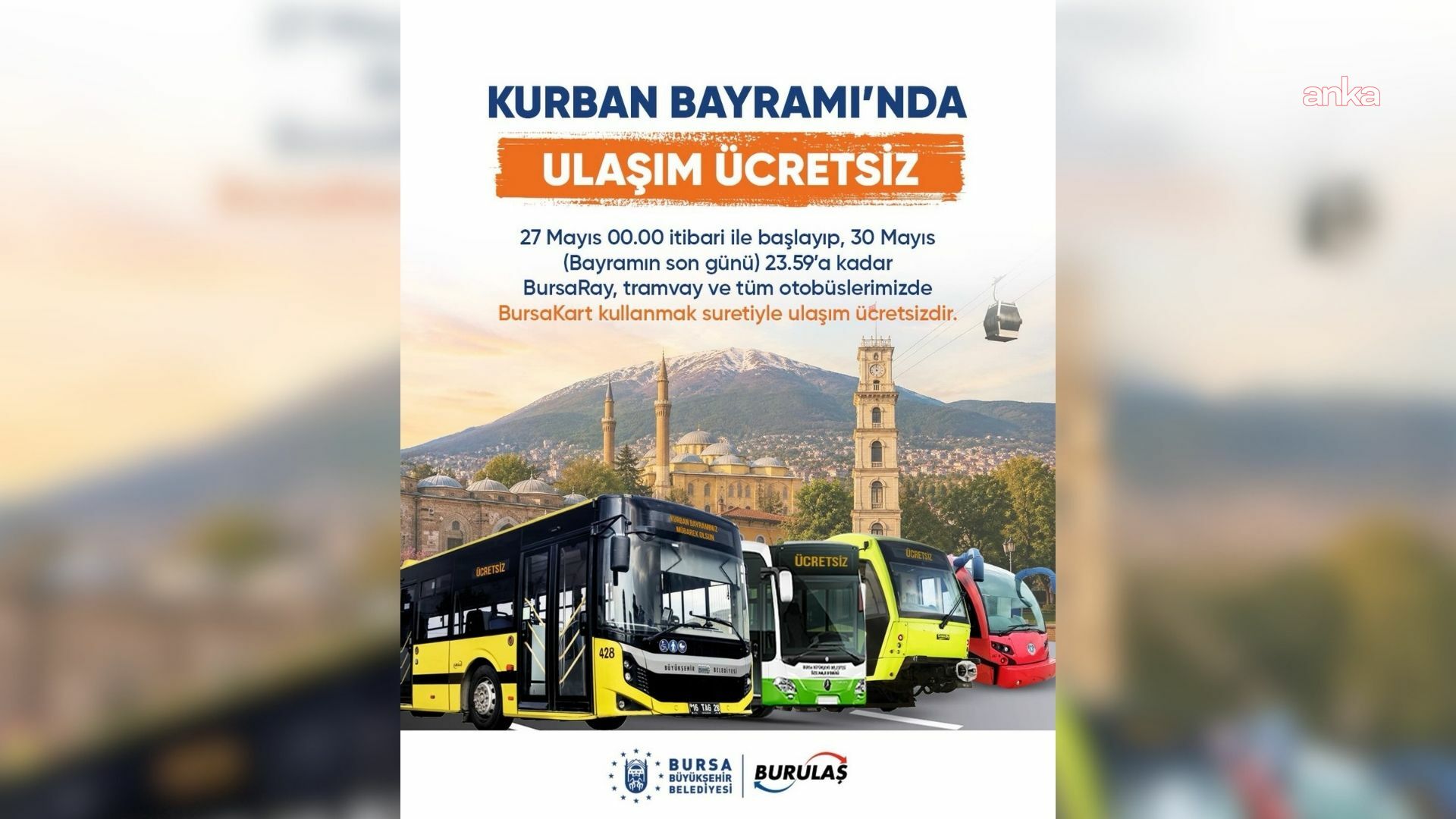 Bursa'da bayram boyunca ulaşım ücretsiz olacak