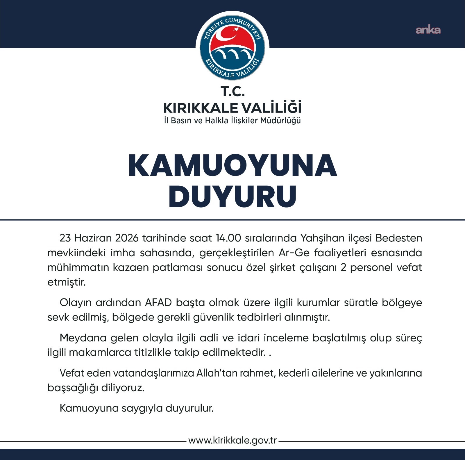 Kırıkkale’de özel şirkete ait mühimmat patladı, 2 işçi hayatını kaybetti