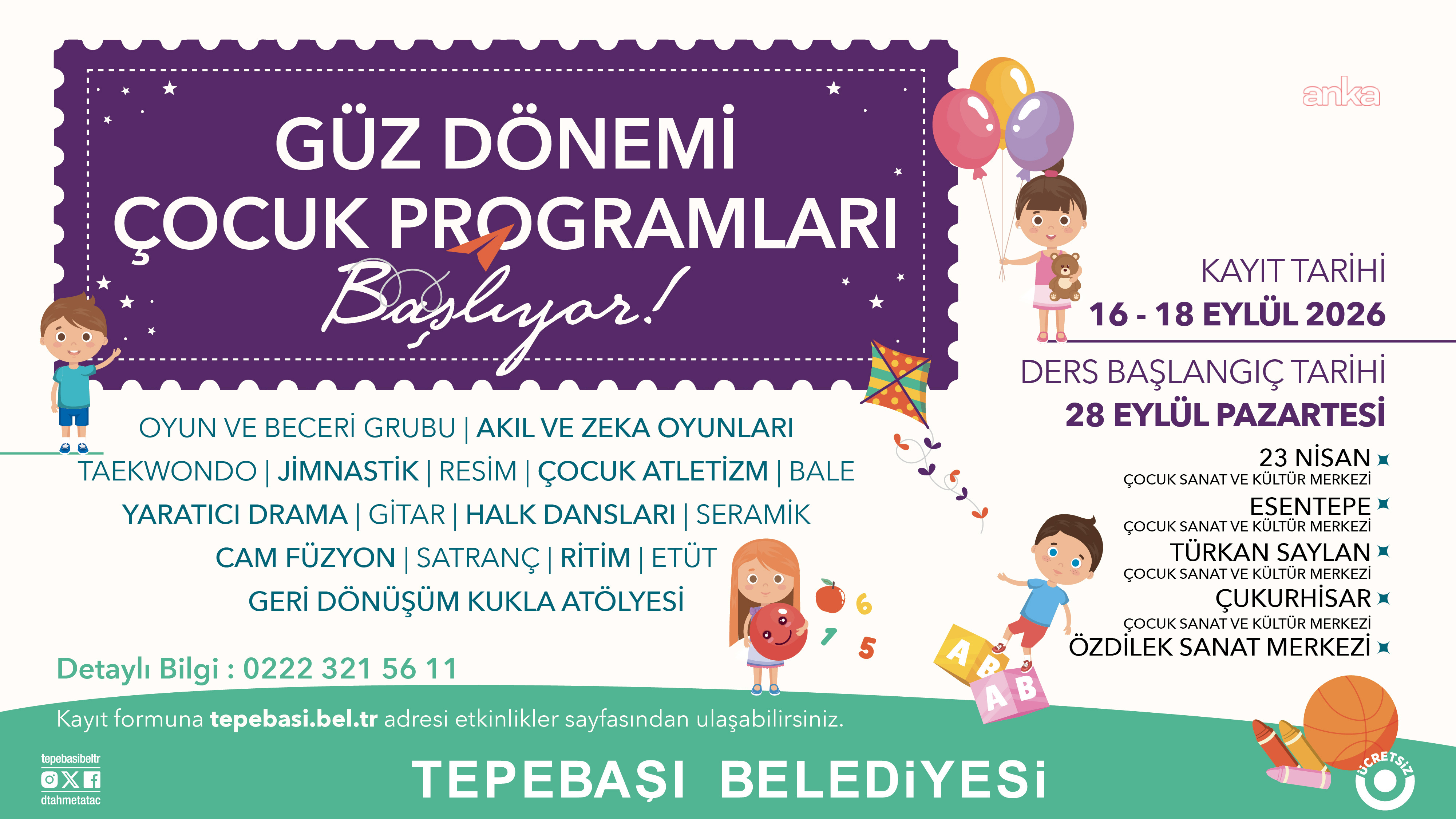 Tepebaşı’nda çocuklar için güz dönemi kayıtları başlıyor