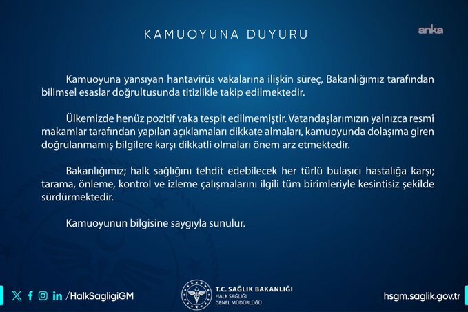 Sağlık Bakanlığı’ndan hantavirüs açıklaması: "Ülkemizde henüz pozitif vaka tespit edilmemiştir"