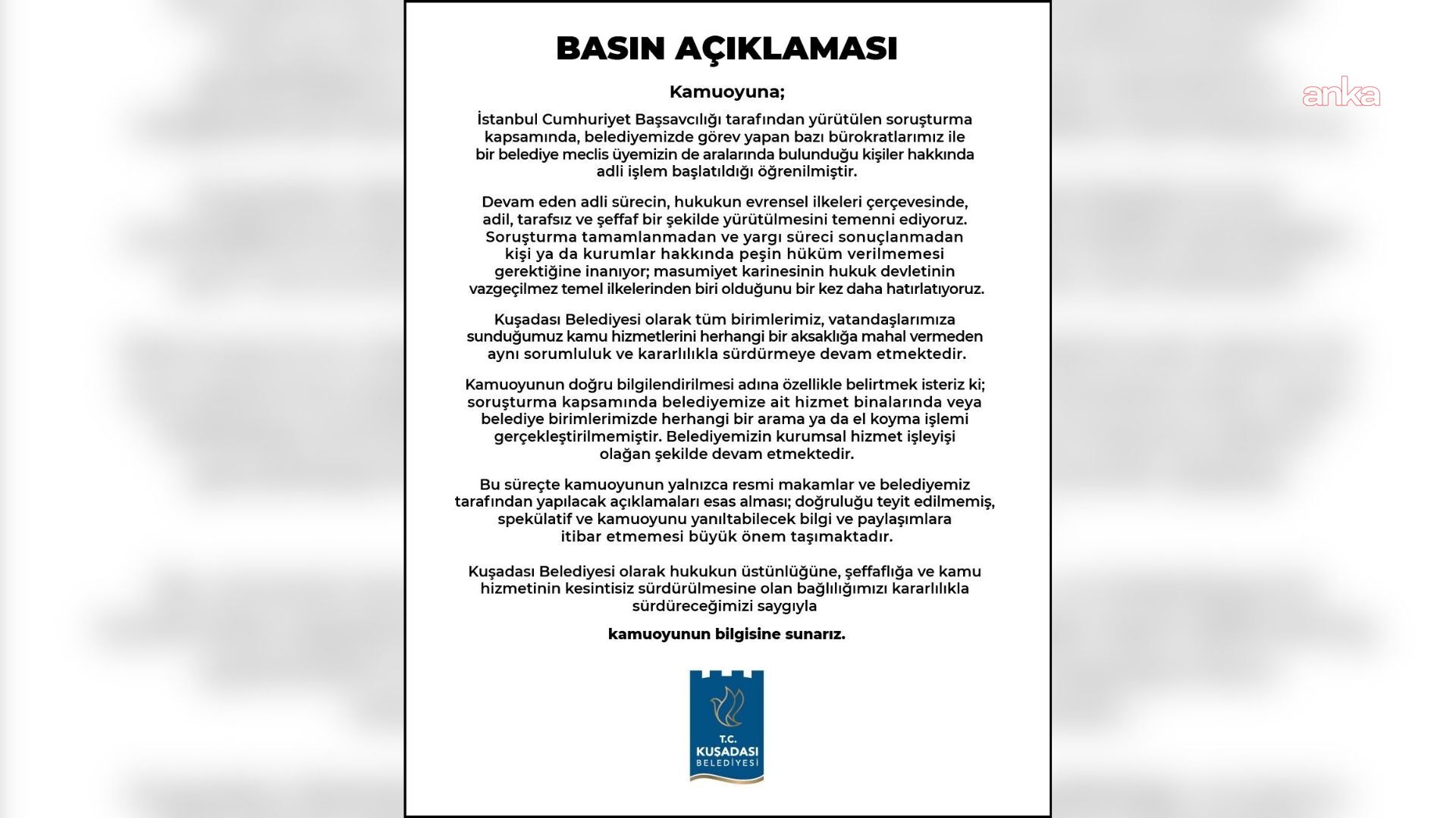 Kuşadası Belediyesi: "Masumiyet karinesinin hukuk devletinin vazgeçilmez temel ilkelerinden biri olduğunu bir kez daha hatırlatıyoruz"