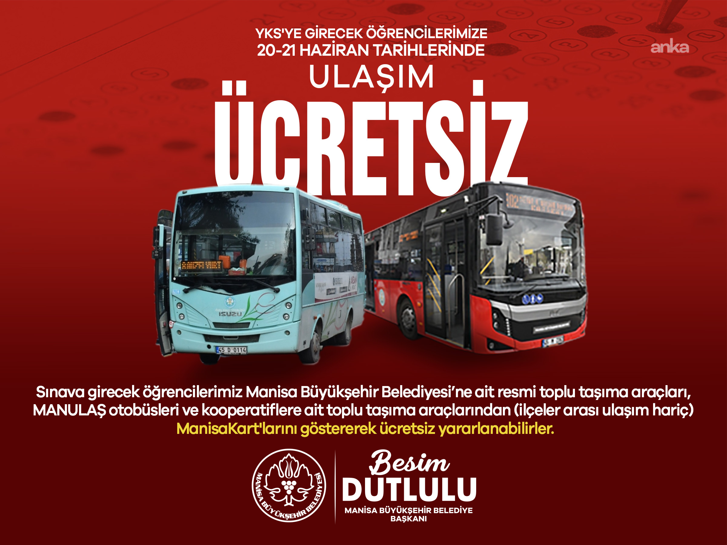 Manisa Büyükşehir Belediyesi'nden YKS öğrencilerine ulaşım desteği