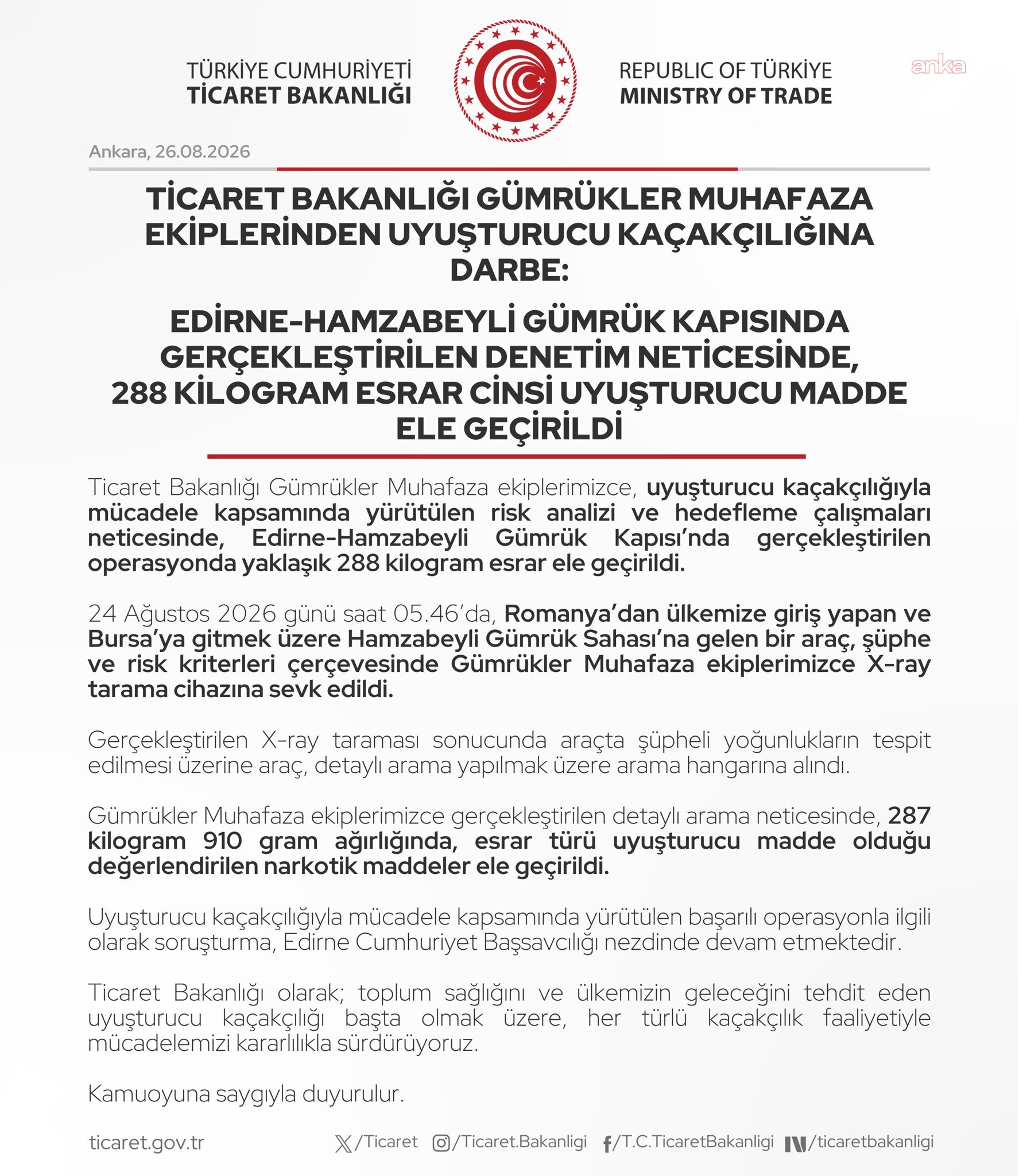 Hamzabeyli gümrük kapısında 288 kilogram uyuşturucu ele geçirildi
