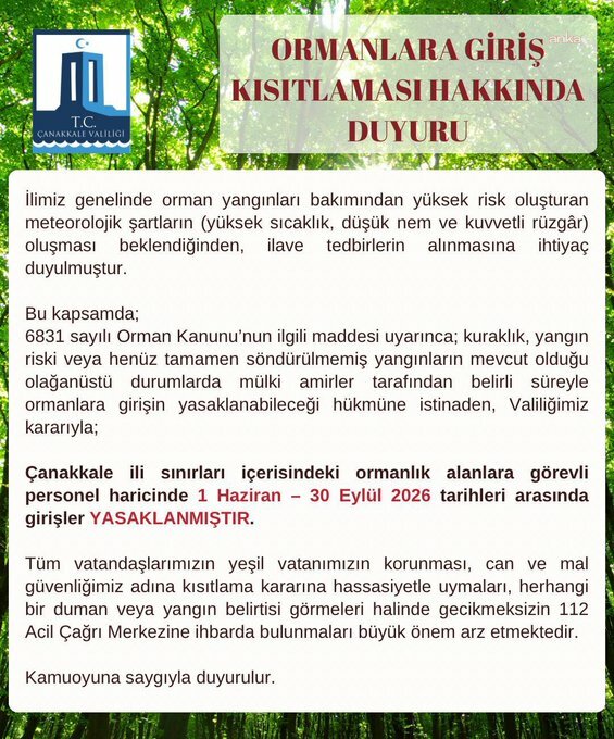 Çanakkale Valiliği, yaz boyunca ormanlık alanlara girişleri yasakladı