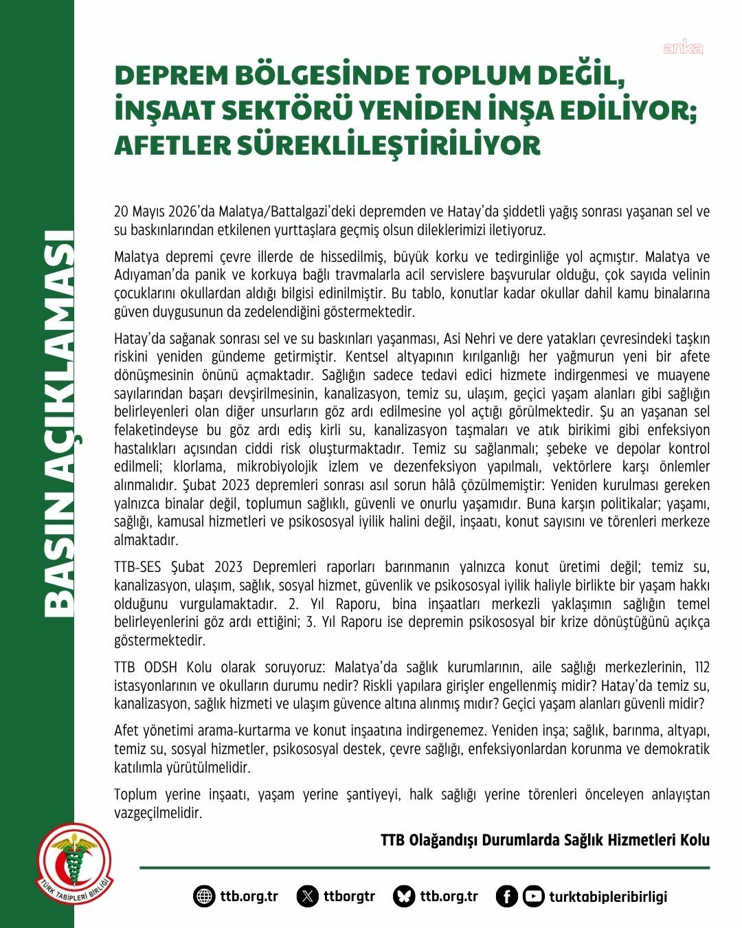TTB’den açıklama: Toplum değil, inşaat sektörü yeniden inşa ediliyor, afetler süreklileşiyor