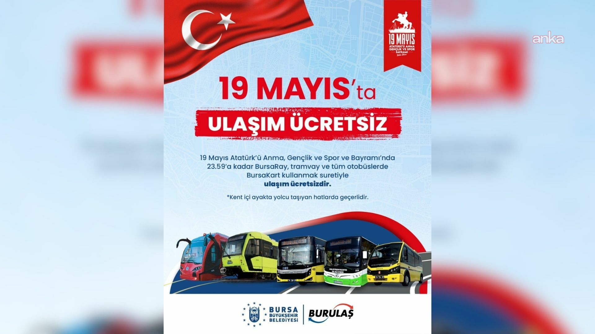 Bursa’da 19 Mayıs’ta toplu ulaşım ücretsiz olacak