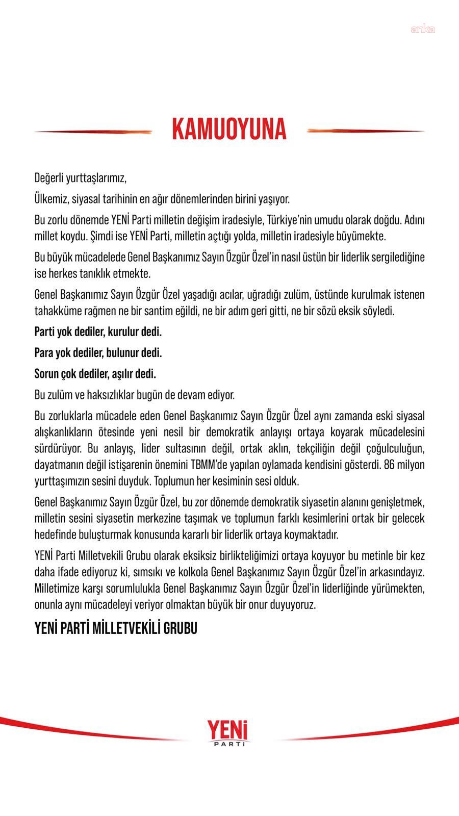 YENİ Parti milletvekillerinden Özgür Özel'e ortak destek açıklaması: Sımsıkı ve kol kola Genel Başkanımız Özgür Özel'in arkasındayız