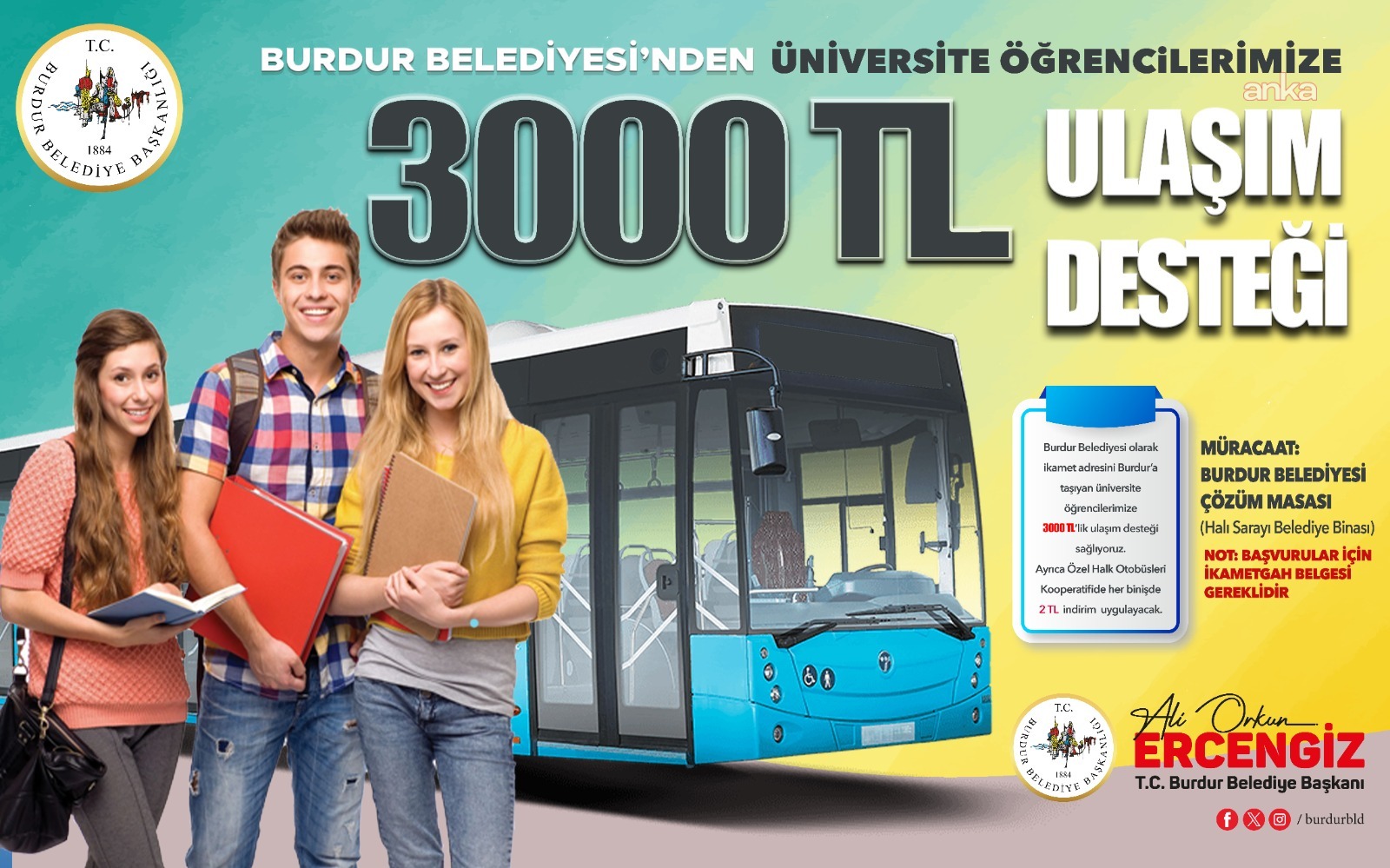 İkametgahını Burdur’a taşıyan öğrencilere 3 bin TL'lik ulaşım desteği