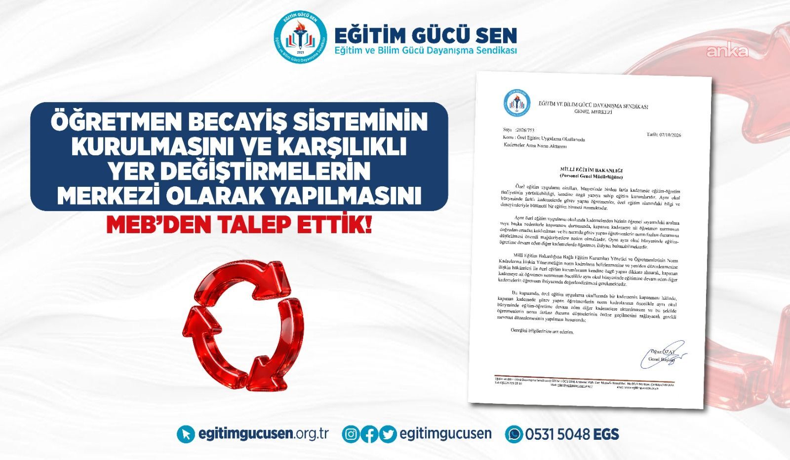 Eğitim Gücü Sen’den MEB’e merkezi “Öğretmen Becayiş Sistemi” başvurusu