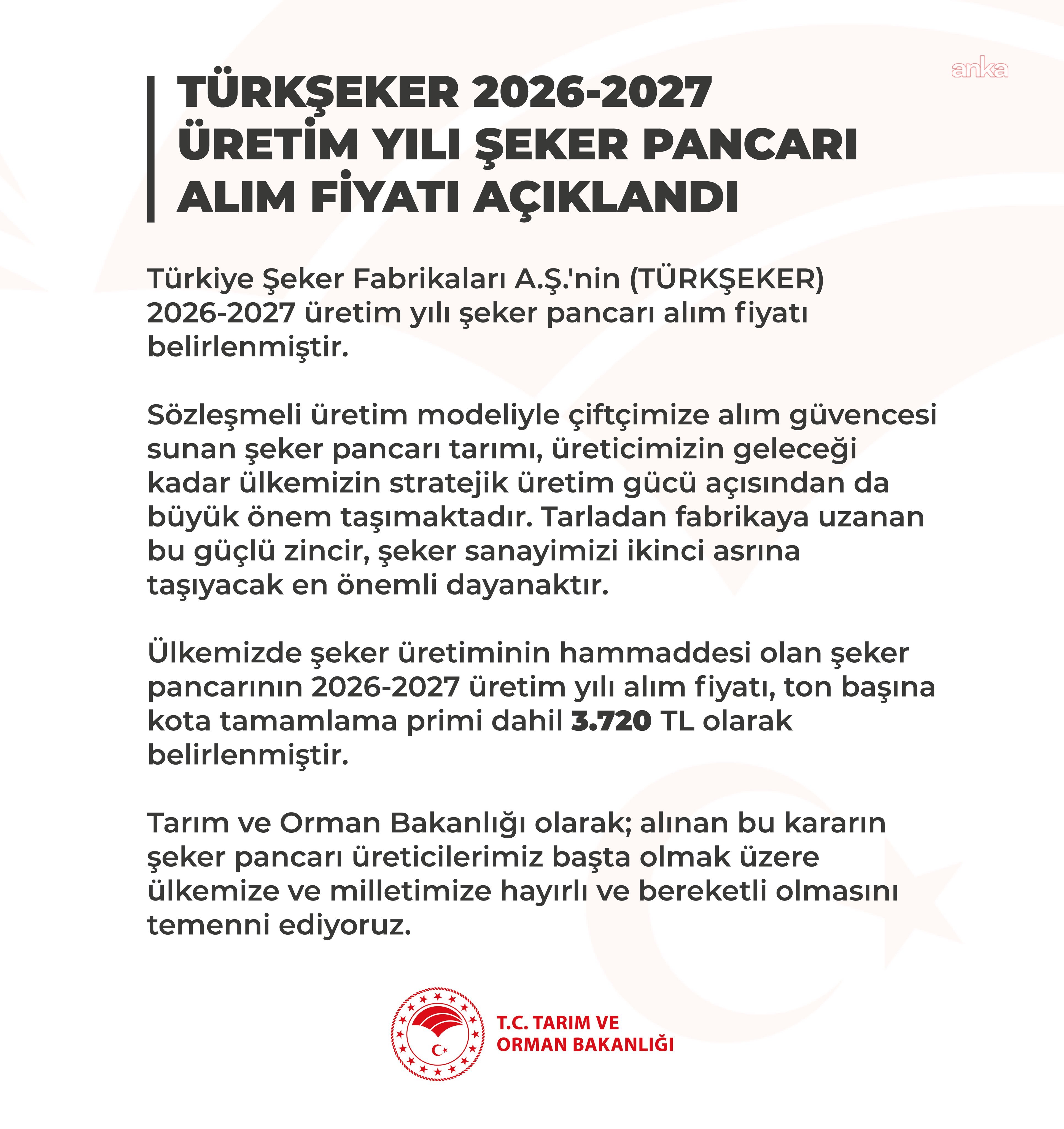 Şeker pancarının alım fiyatı ton başına 3 bin 720 TL olarak açıklandı