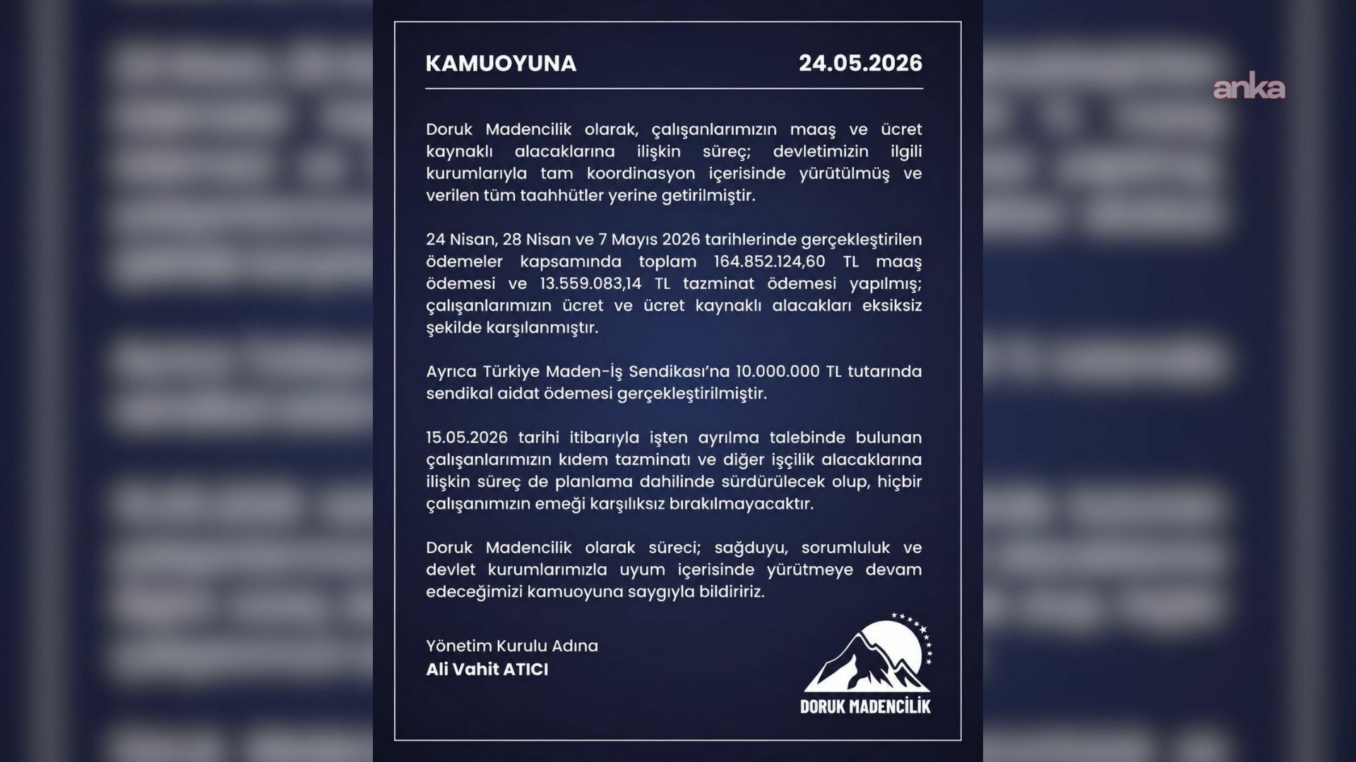 Yıldızlar Holding: "Doruk Madencilik işçilerine yönelik tüm taahhütler yerine getirildi"