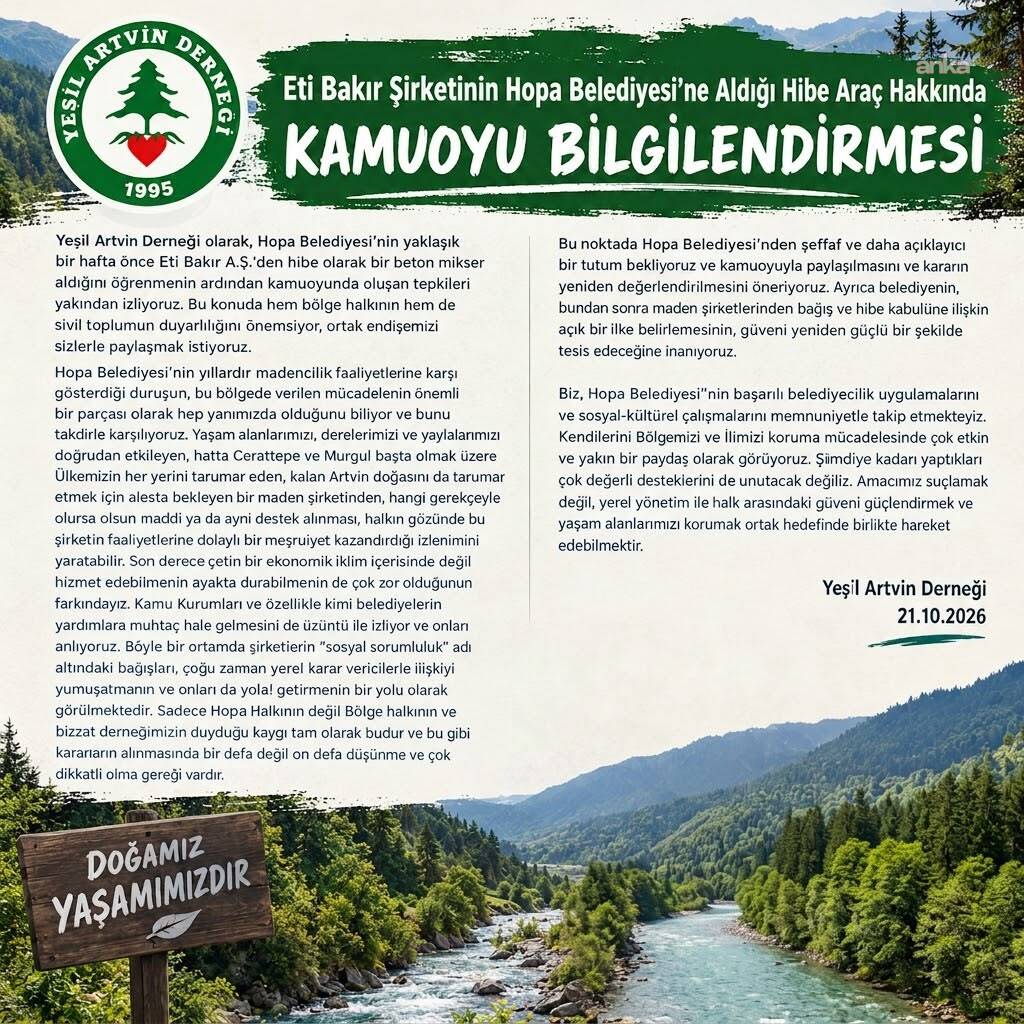 Yeşil Artvin Derneği’nden Hopa Belediyesi’ne Eti Bakır tepkisi: “Dolaylı meşruiyet kazandırabilir”