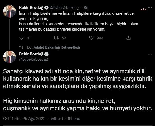 ADALET BAKANI BOZDAĞ: "BU ÇAĞDIŞI ZİHNİYETİ ŞİDDETLE KINIYORUM"