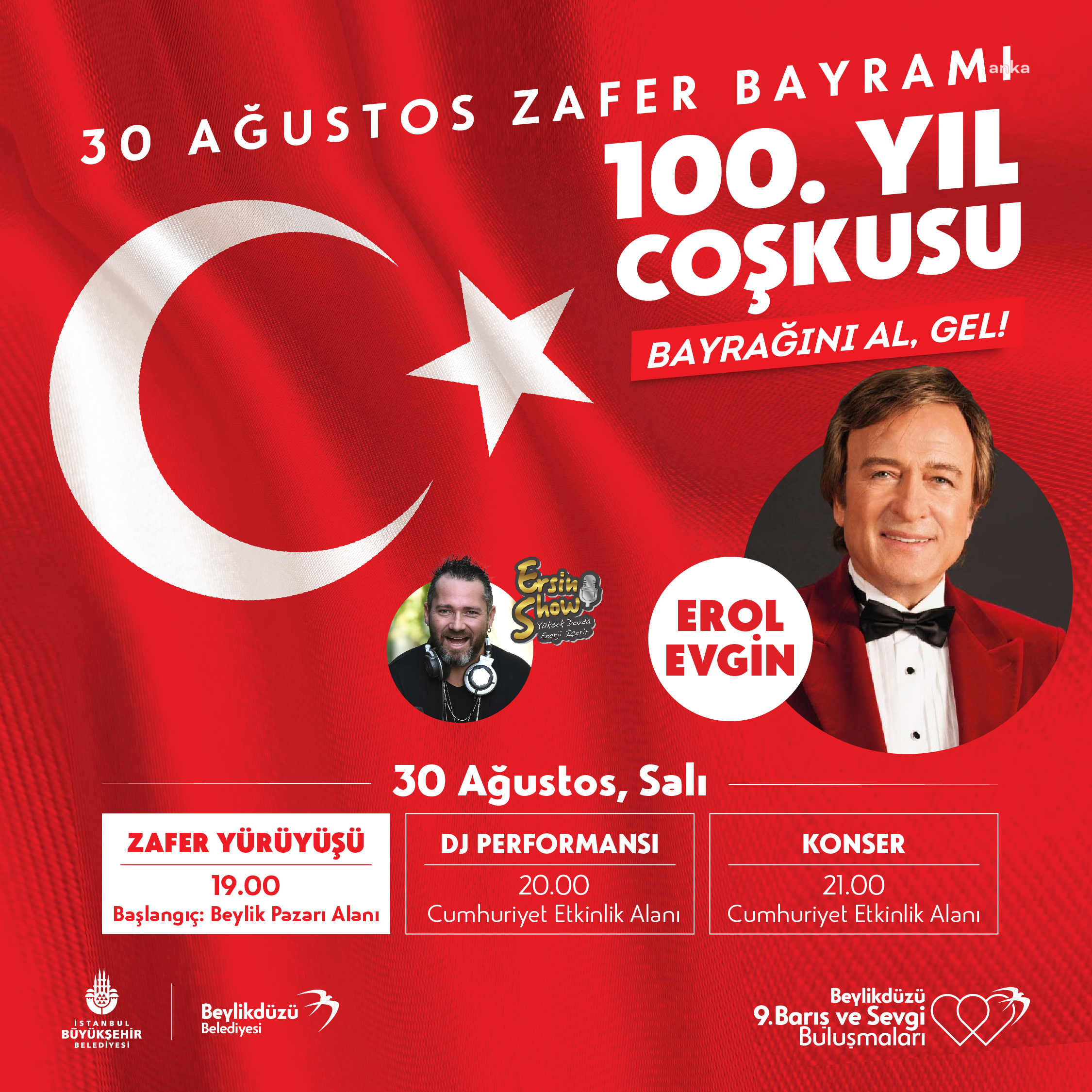 BEYLİKDÜZÜ'NDE 9. BARIŞ VE SEVGİ BULUŞMALARI, 30 AĞUSTOS KORTEJİ VE EROL EVGİN KONSERİ İLE BAŞLIYOR