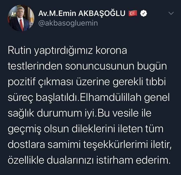 KORONAYA YAKALANAN AKP’Lİ AKBAŞOĞLU: TIBBİ SÜREÇ BAŞLADI