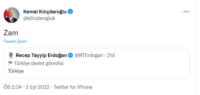 KILIÇDAROĞLU, TEK KELİME TWEET AKIMINA KATILDI…ERDOĞAN’IN “TÜRKİYE” MESAJINA “ZAM YANITINI VERDİ