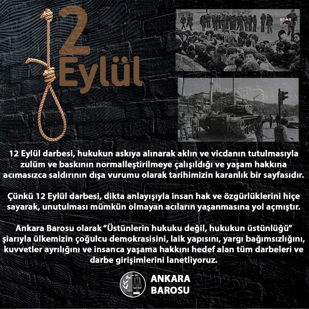 ANKARA BAROSU: ÜLKEMİZİN ÇOĞULCU DEMOKRASİSİNİ, LAİK YAPISINI, YARGI BAĞIMSIZLIĞINI, KUVVETLER AYRILIĞINI VE İNSANCA YAŞAMA HAKKINI HEDEF ALAN TÜM DARBELERİ VE DARBE GİRİŞİMLERİNİ LANETLİYORUZ