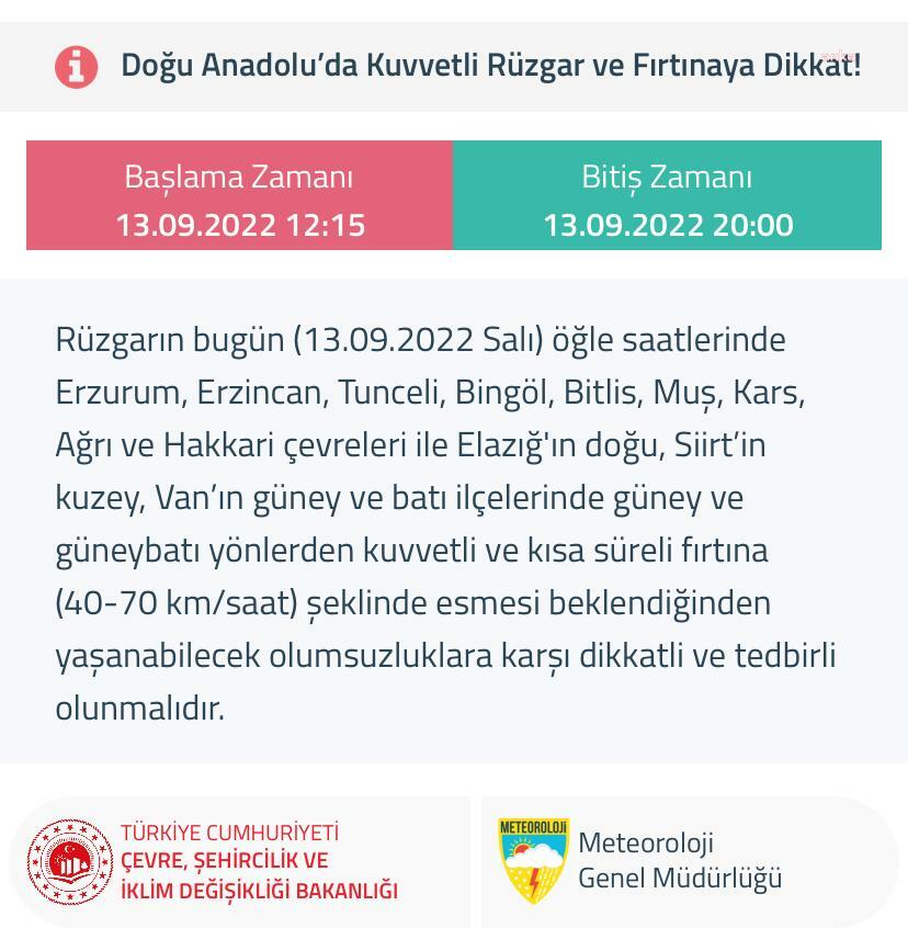 DOĞU ANADOLU’DA 12 İL İÇİN KUVVETLİ RÜZGAR VE FIRTINA UYARISI