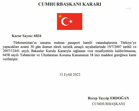 TÜRKMENİSTAN VATANDAŞLARINA VİZE MUAFİYETİ KALDIRILDI