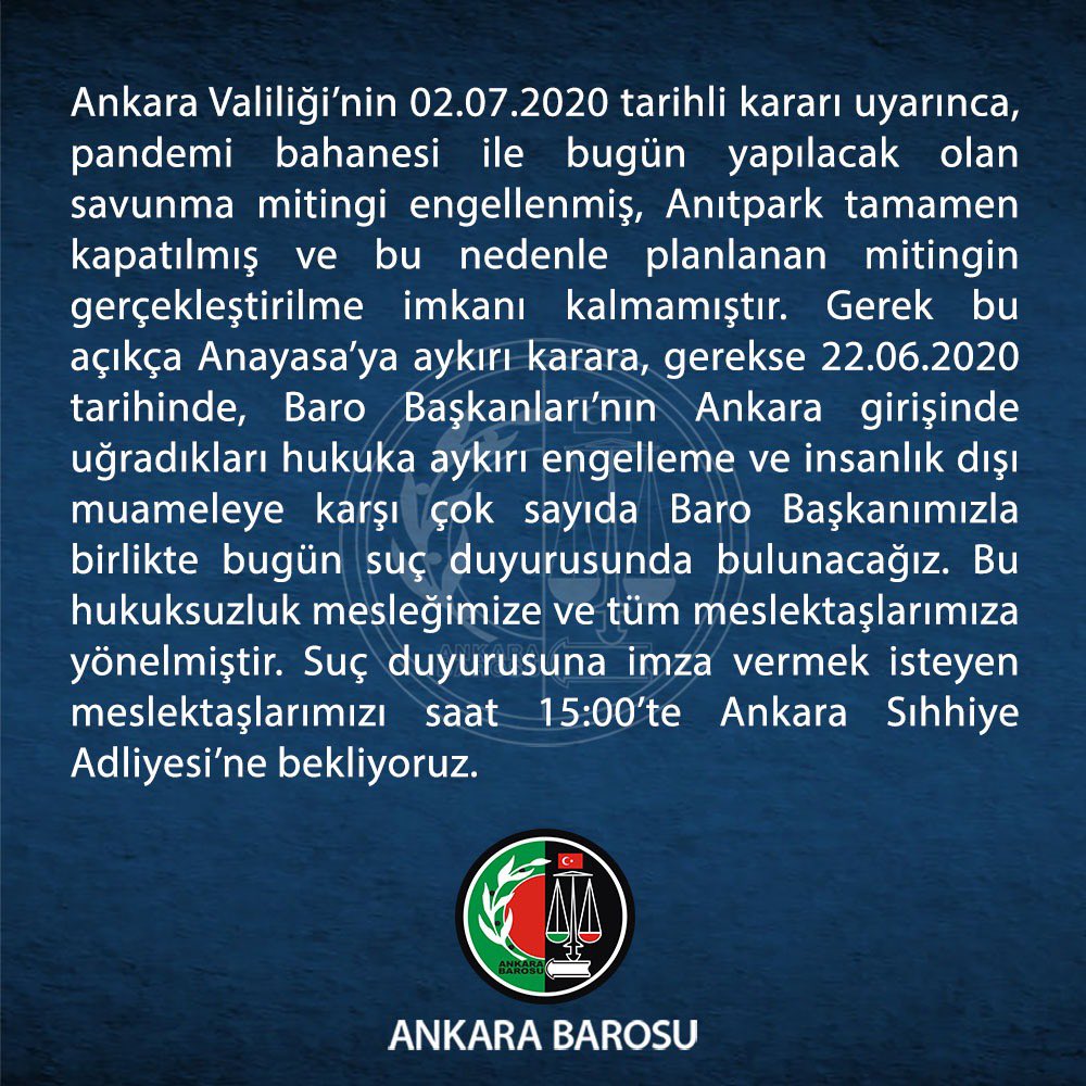 ANKARA BAROSU'NDAN ÇAĞRI: SUÇ DUYURUSUNA İMZA İÇİN ADLİYEYE BEKLİYORUZ