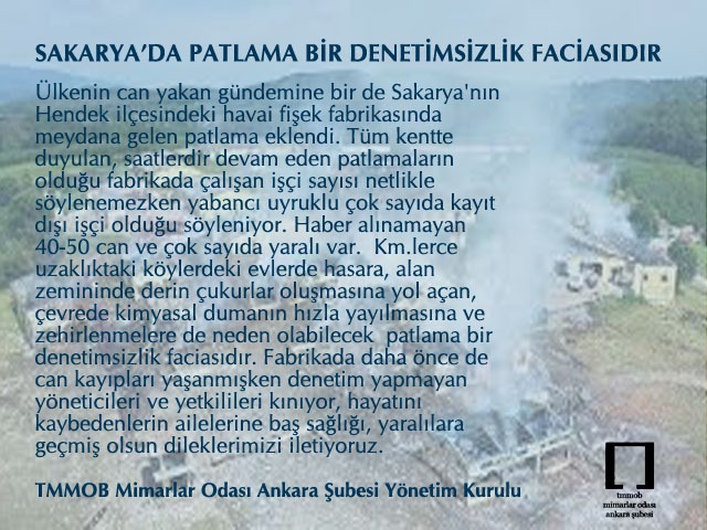 MİMARLAR ODASI ANKARA ŞUBESİ:  “SAKARYA’DA PATLAMA BİR DENETİMSİZLİK FACİASIDIR”