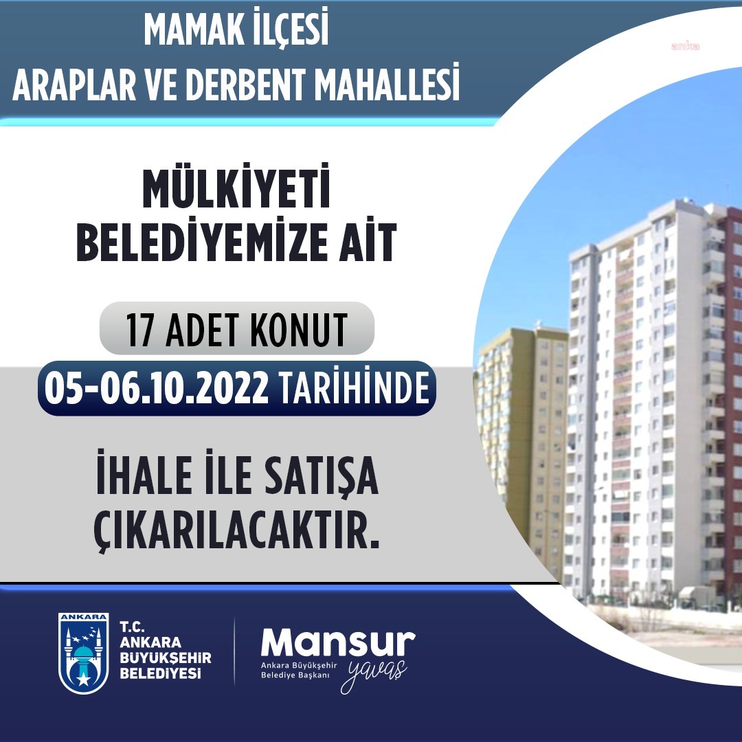 ANKARA BÜYÜKŞEHİR, 17 TAŞINMAZI DAHA İHALE İLE SATIŞA ÇIKARIYOR