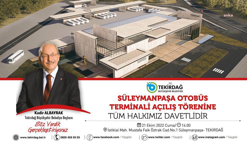 TEKİRDAĞ BÜYÜKŞEHİR, SÜLEYMANPAŞA OTOBÜS TERMİNALİ'NE 21 EKİM’DE HİZMETE AÇIYOR