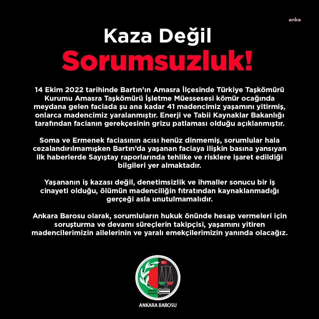 ANKARA BAROSU’NDAN MADEN FACİASI AÇIKLAMASI: “KAZA DEĞİL SORUMSUZLUK”
