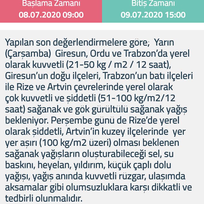 METEOROLOJİ’DEN ORDU, RİZE VE TRABZON’A SAĞANAK YAĞIŞ UYARISI