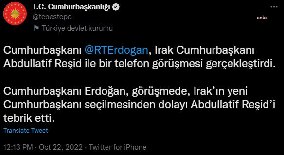 CUMHURBAŞKANI ERDOĞAN, IRAK CUMHURBAŞKANI ABDULLATİF REŞİD İLE GÖRÜŞTÜ