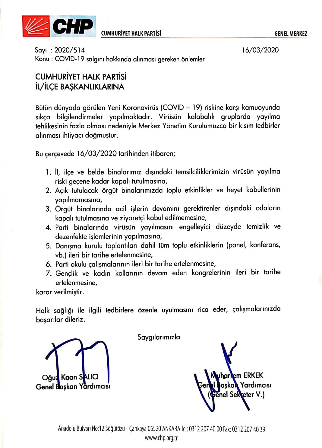 CHP’DEN ÖRGÜTLERE KORONAVİRÜS GENELGESİ