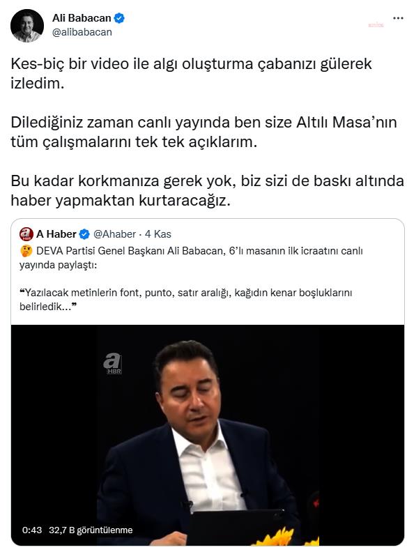 BABACAN’DAN A HABER’E: “DİLEDİĞİNİZ ZAMAN CANLI YAYINDA BEN SİZE ALTILI MASA’NIN TÜM ÇALIŞMALARINI TEK TEK AÇIKLARIM”