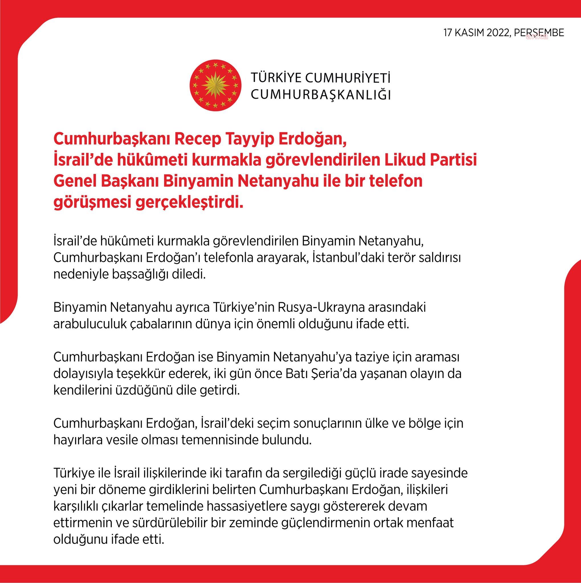 CUMHURBAŞKANI ERDOĞAN, BİNYAMİN NETANYAHU İLE GÖRÜŞTÜ