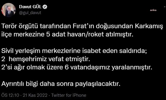 KARKAMIŞ’A ROKET SALDIRISI… VALİ GÜL: “2 HEMŞEHRİMİZ VEFAT ETMİŞTİR. 2’Sİ AĞIR OLMAK ÜZERE 6 VATANDAŞIMIZ YARALANMIŞTIR”