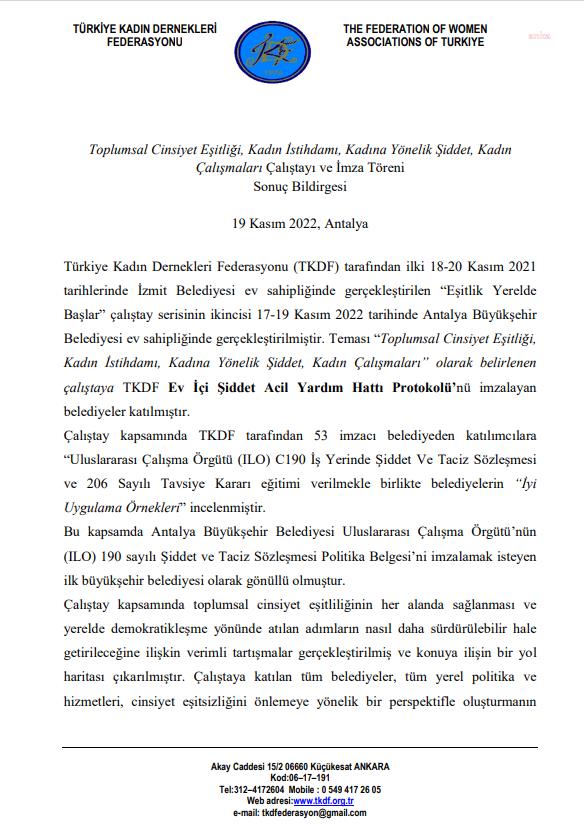 TKDF, ‘25 KASIM KADINA YÖNELİK ŞİDDETLE MÜCADELE VE ACİL YARDIM HATTI ÇALIŞTAYI’NIN SONUÇ BİLDİRGESİNİ AÇIKLADI: "2024 YEREL SEÇİMLERİNDE KADIN KATILIMINI ARTIRMAK İÇİN ÇALIŞMALAR BAŞLATILACAK"