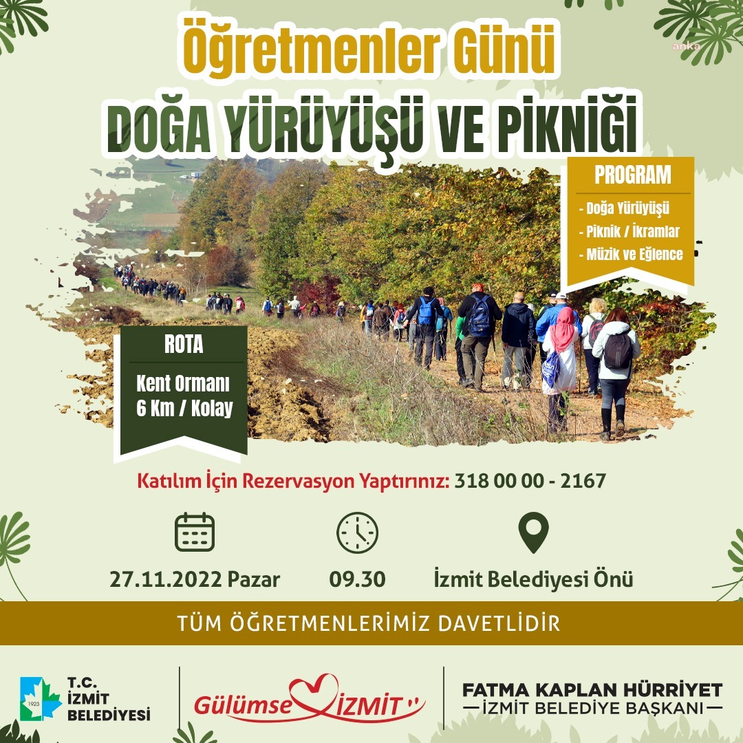 İZMİT BELEDİYESİ, ÖĞRETMENLER İÇİN DOĞA YÜRÜYÜŞÜ VE PİKNİK DÜZENLİYOR