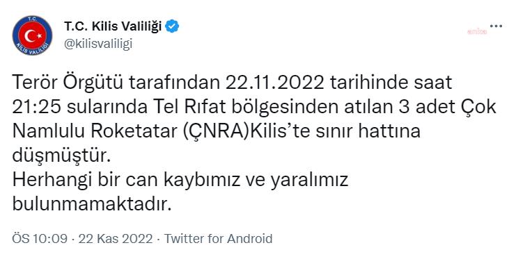KİLİS VALİLİĞİ: “TERÖR ÖRGÜTÜ TARAFINDAN, TEL RIFAT BÖLGESİNDEN ATILAN 3 ADET ROKETATAR KİLİS’TE SINIR HATTINA DÜŞMÜŞTÜR. CAN KAYBIMIZ VE YARALIMIZ BULUNMAMAKTADIR”