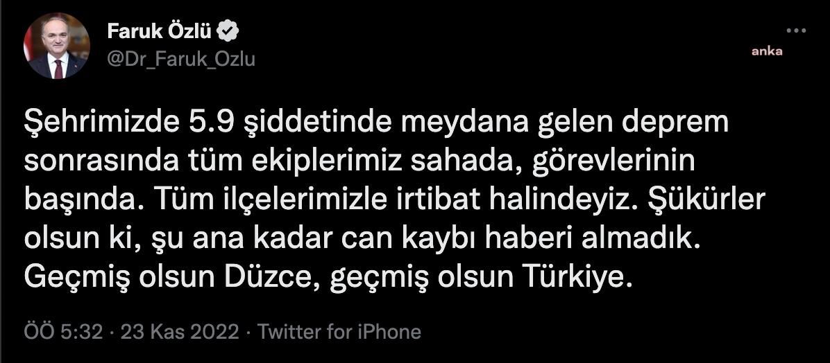 DÜZCE BELEDİYE BAŞKANI ÖZLÜ: “ŞU ANA KADAR CAN KAYBI HABERİ ALMADIK”