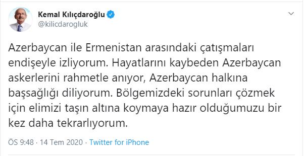 KILIÇDAROĞLU: "HAYATINI KAYBEDEN AZERBAYCAN ASKERLERİNİ RAHMETLE ANIYORUM"