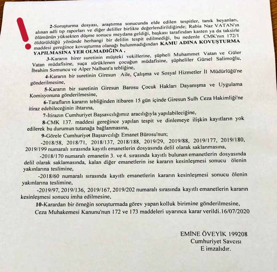 SAVCILIK RABİA NAZ’IN DOSYASINI ‘KOVUŞTURMAYA YER OLMADIĞI’ GEREKÇESİYLE KAPATTI