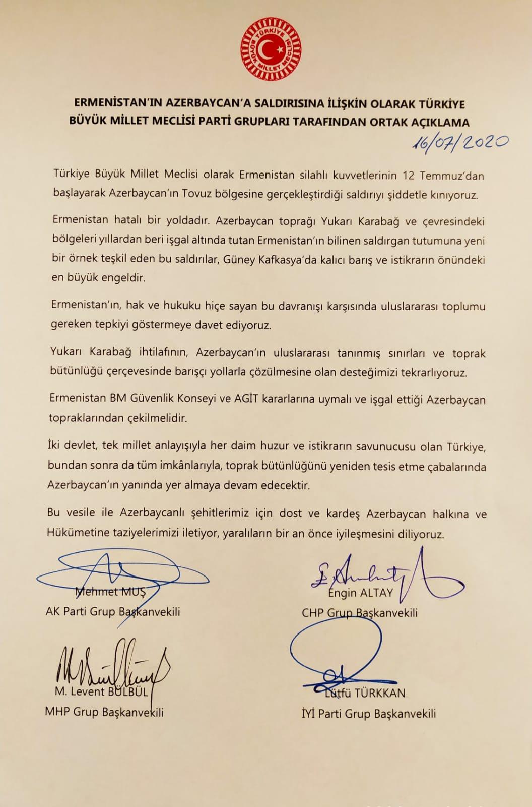 TBMM'DEN ERMENİSTAN'A ORTAK KINAMA