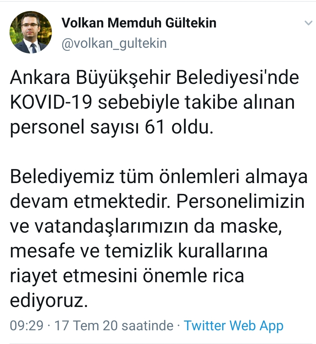ANKARA BÜYÜKŞEHİR'İN 61 PERSONELİ, KORONA ŞÜPHESİ İLE TAKİBE ALINDI